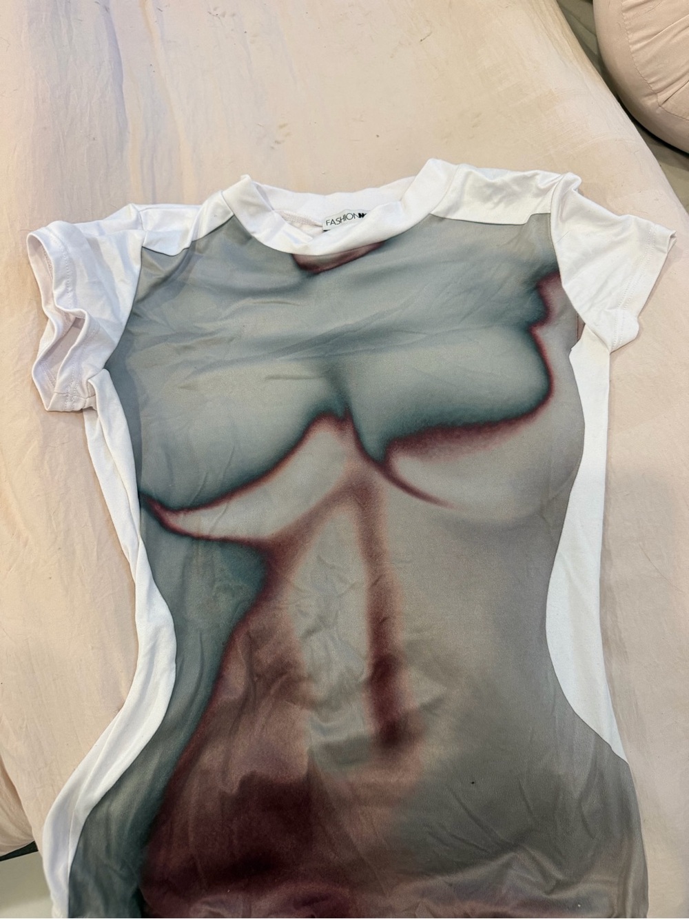 Fashion Nova White Short Sleeve Tee with Abstract Blue-Green and Maroon Print
